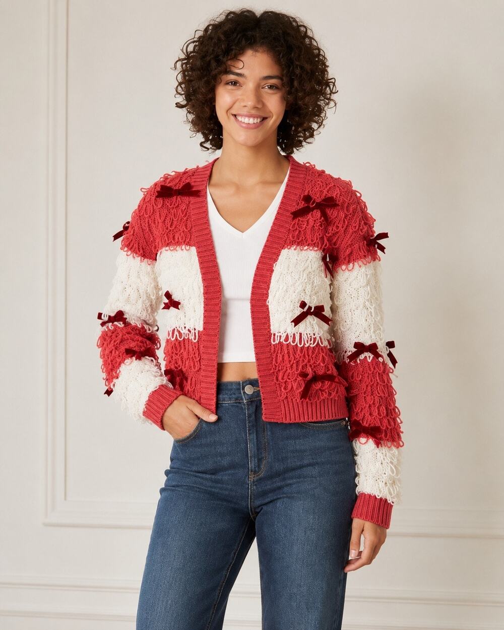 Mighty Fine Red & White Textured Christmas Cardigan with Velvet Bows Women’s XS